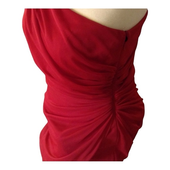 One Shoulder Red dress with Silver Rhinestones embellishment on shoulder. - Picture 4 of 8